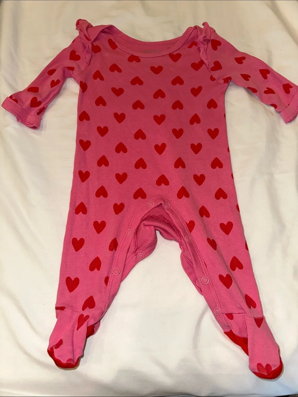okie dokie Pink Footed One-Piece with Red Heart Print and Ruffles